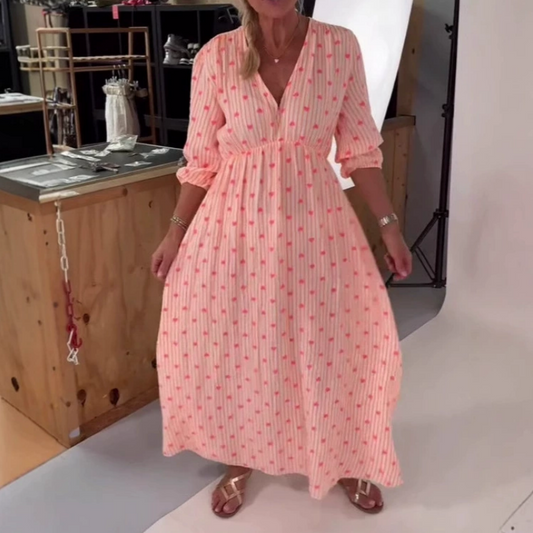 💃Rochie cu mânecă scurtă, dungată, cu imprimare în formă de inimă, cu decolteu în V