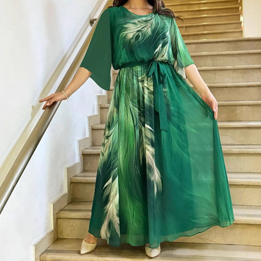 Rochie extra lungă cu curea imprimată