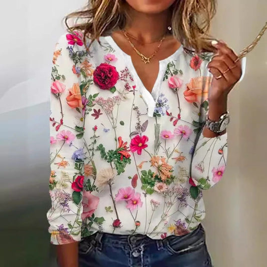 💐Bluză elegantă cu guler în V și imprimeu floral, cu mâneci lungi