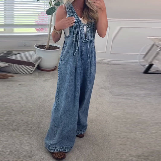 Salopete largă din denim fără mâneci pentru femei